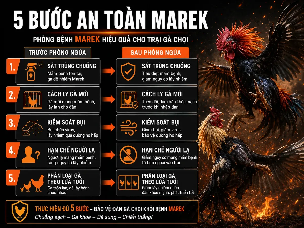 Quy trình 5 bước an toàn sinh học phòng Marek ở gà chiến, minh họa trước-sau cải thiện môi trường trại gà