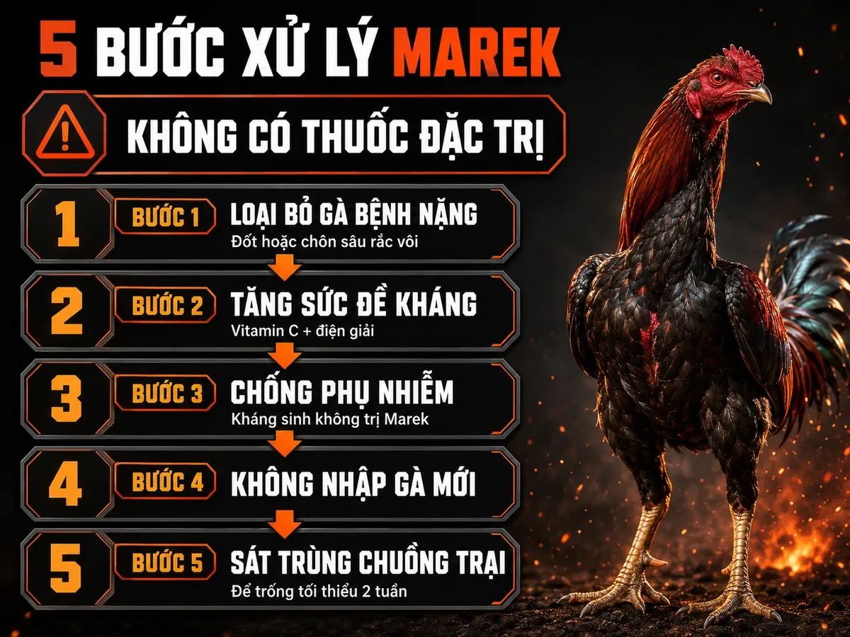 Infographic 5 bước xử lý khi đàn gà nhiễm bệnh Marek: loại bỏ gà bệnh, tăng đề kháng, chống phụ nhiễm, ngừng nhập đàn và sát trùng chuồng trại.