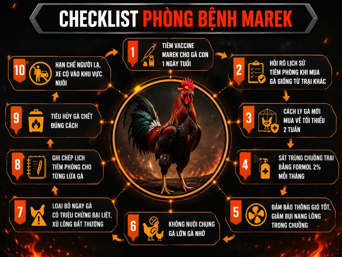 Checklist phòng bệnh Marek cho gà chiến: tiêm vaccine, cách ly, sát trùng, thông gió, loại bỏ gà bệnh