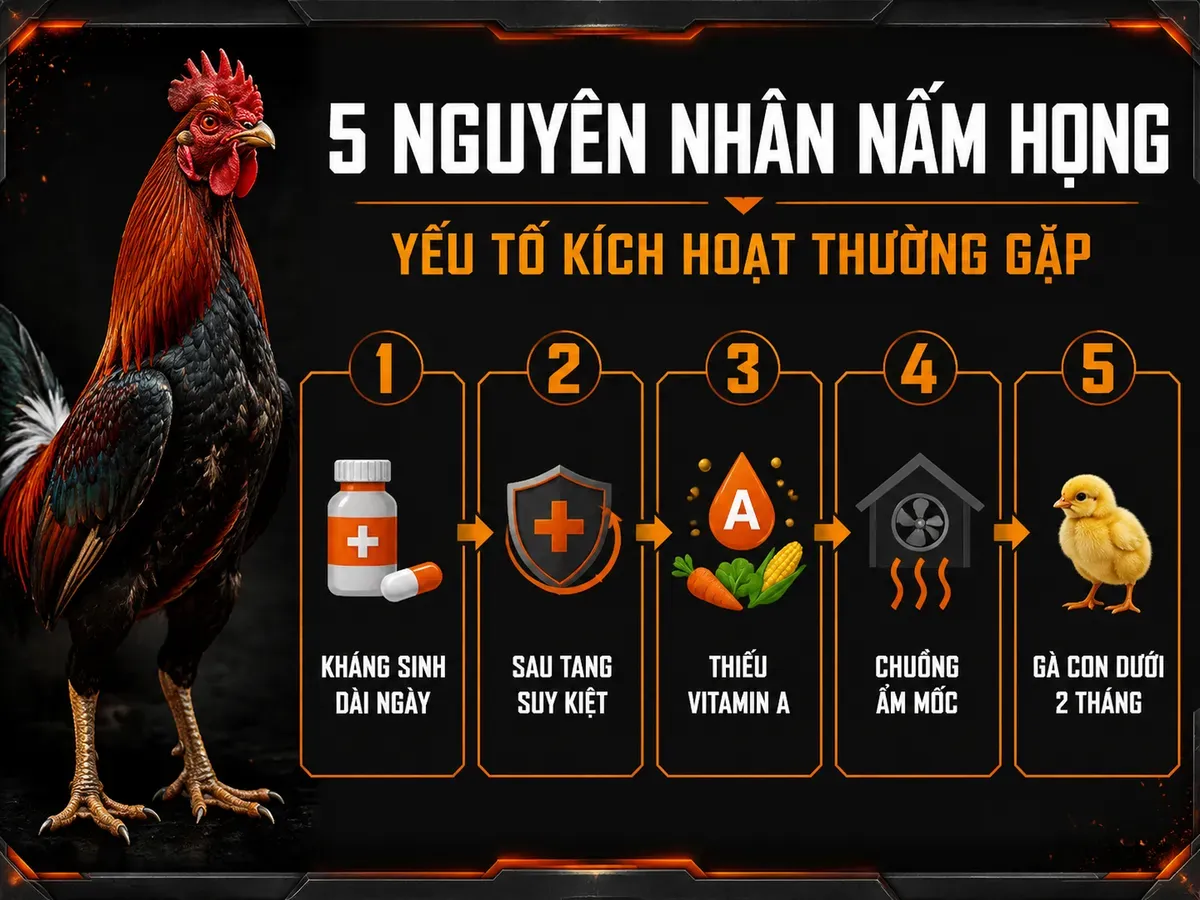Infographic 5 nguyên nhân phổ biến khiến gà chiến bị nấm họng: kháng sinh dài ngày, sau tang suy kiệt, thiếu vitamin A, chuồng ẩm mốc và gà con dưới 2 tháng tuổi.