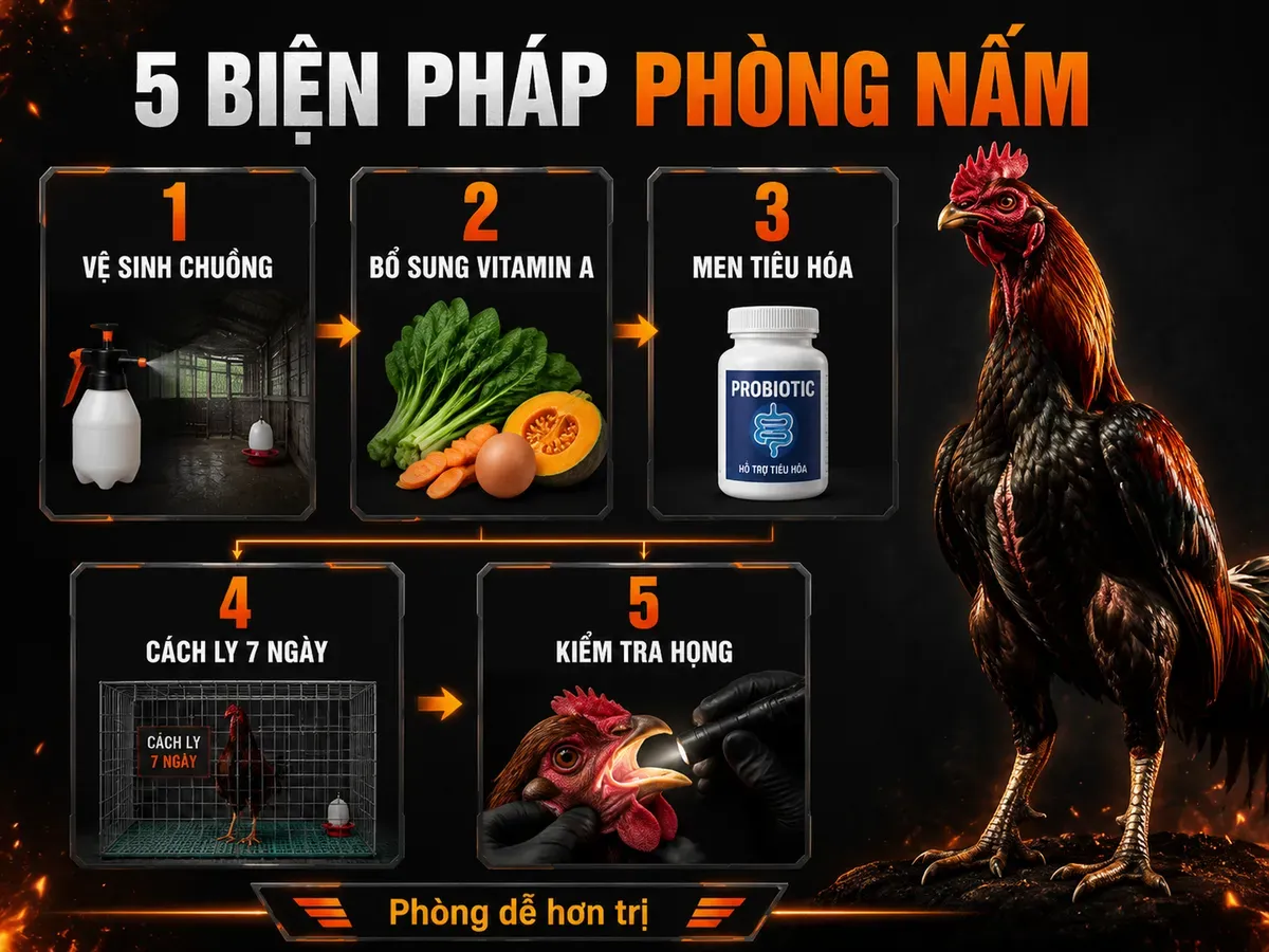Infographic 5 biện pháp phòng bệnh nấm họng gà cho gà đá với icon vệ sinh chuồng, vitamin A, men tiêu hóa, cách ly và kiểm tra họng