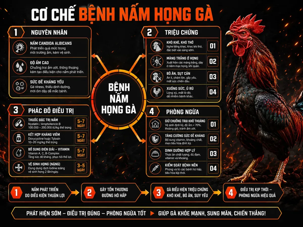 Minh họa cơ chế bệnh nấm họng gà với nguyên nhân, triệu chứng, phác đồ, phòng ngừa, gà chiến oai vệ