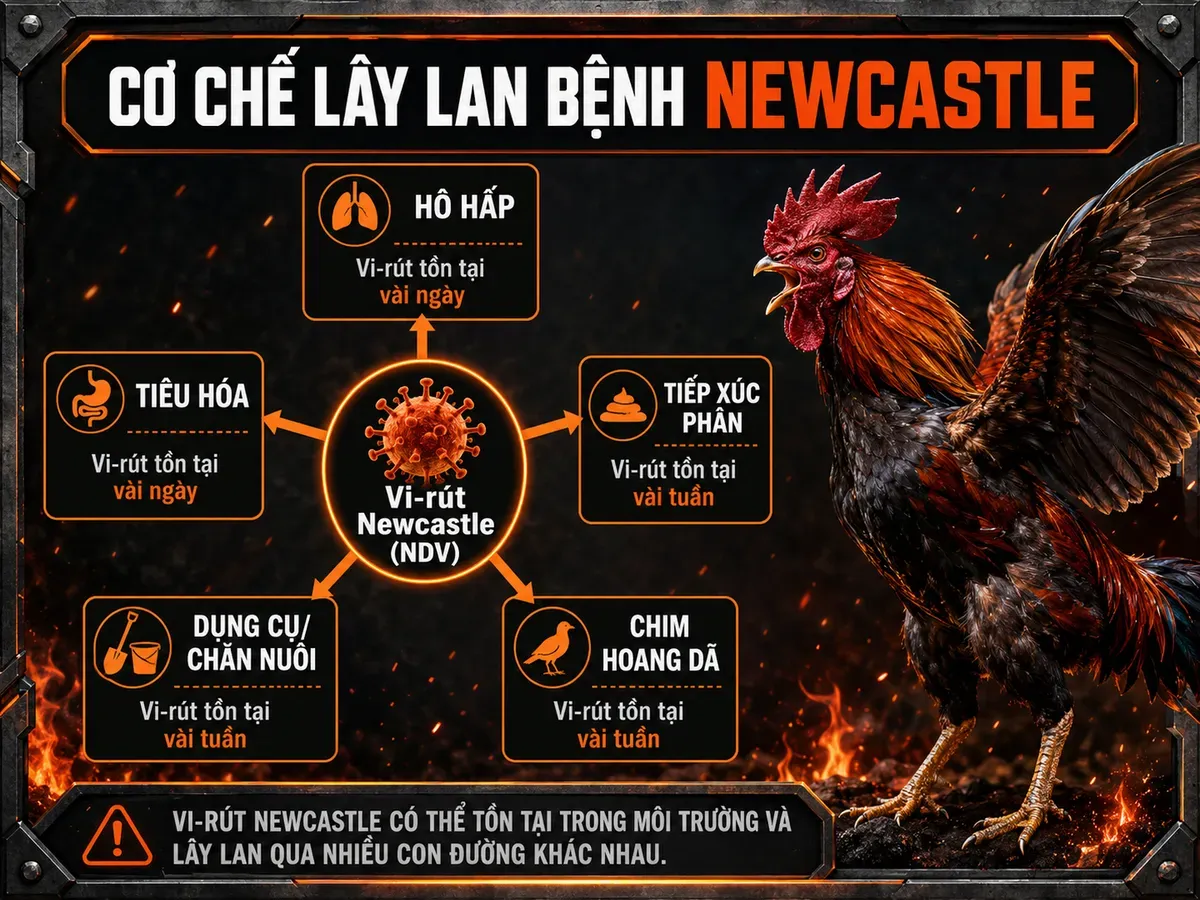 Sơ đồ lây lan vi-rút Bệnh Newcastle ở gà chiến, minh họa đường hô hấp, tiêu hóa, tiếp xúc phân và vật dụng, có chú thích tồn tại vi-rút