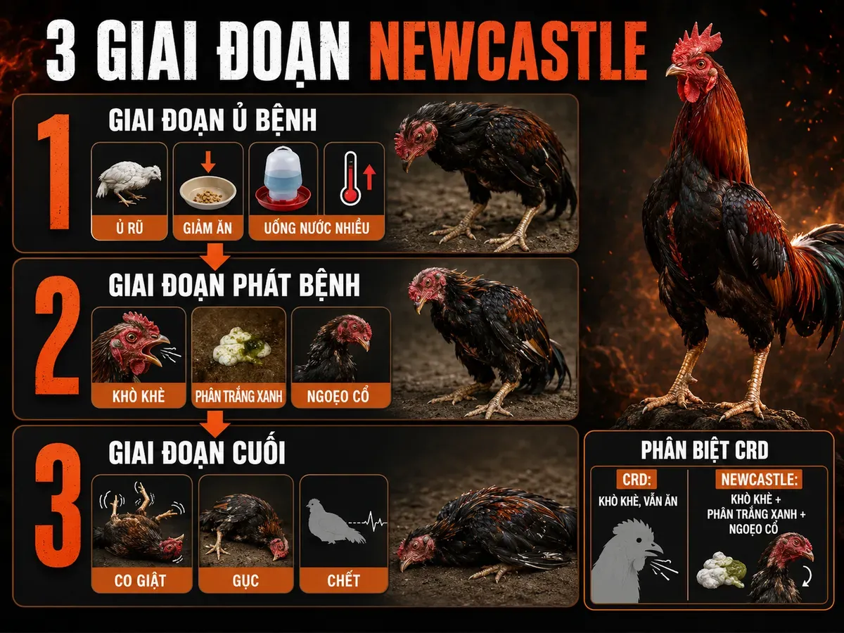 Infographic triệu chứng bệnh Newcastle theo 3 giai đoạn và phân biệt với CRD ở gà đá
