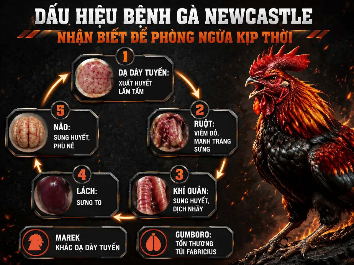 <vi SEO>Diagram bệnh tích khi mổ gà chết nghi Newcastle, vòng tròn minh họa các cơ quan bị ảnh hưởng