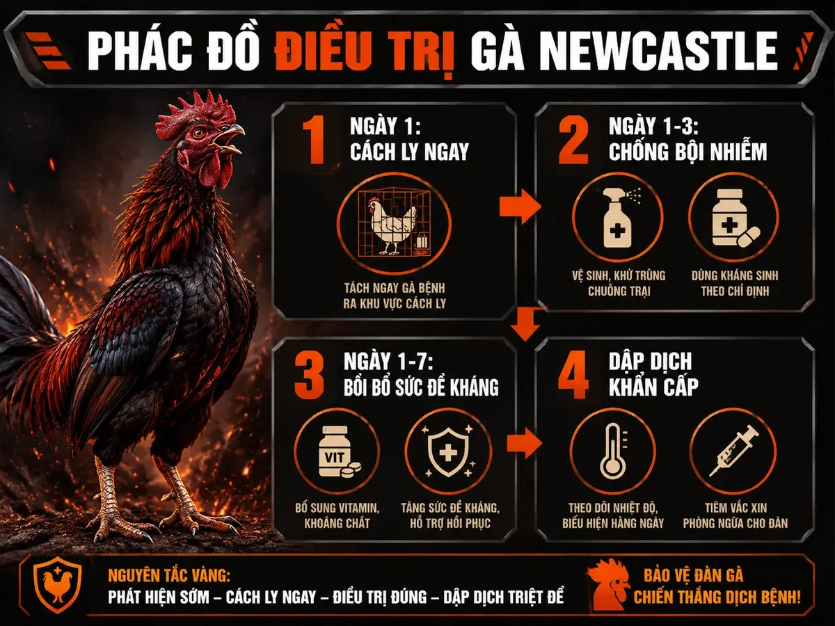 Phác đồ điều trị gà bệnh Newcastle từng bước với biểu tượng minh hoạ, nền tối, gà chiến oai vệ, dễ đọc