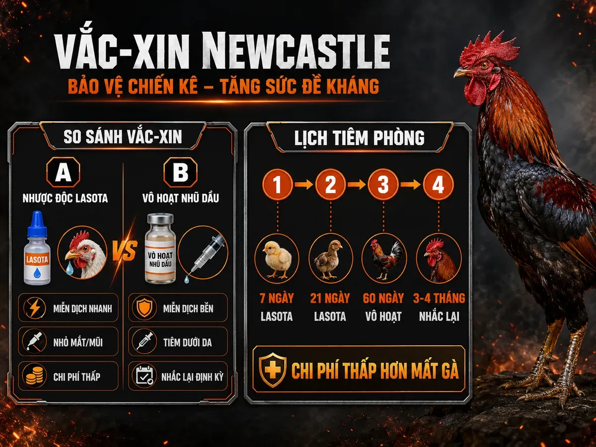 Infographic lịch tiêm vắc-xin Newcastle cho gà chiến và so sánh Lasota với vắc-xin vô hoạt nhũ dầu
