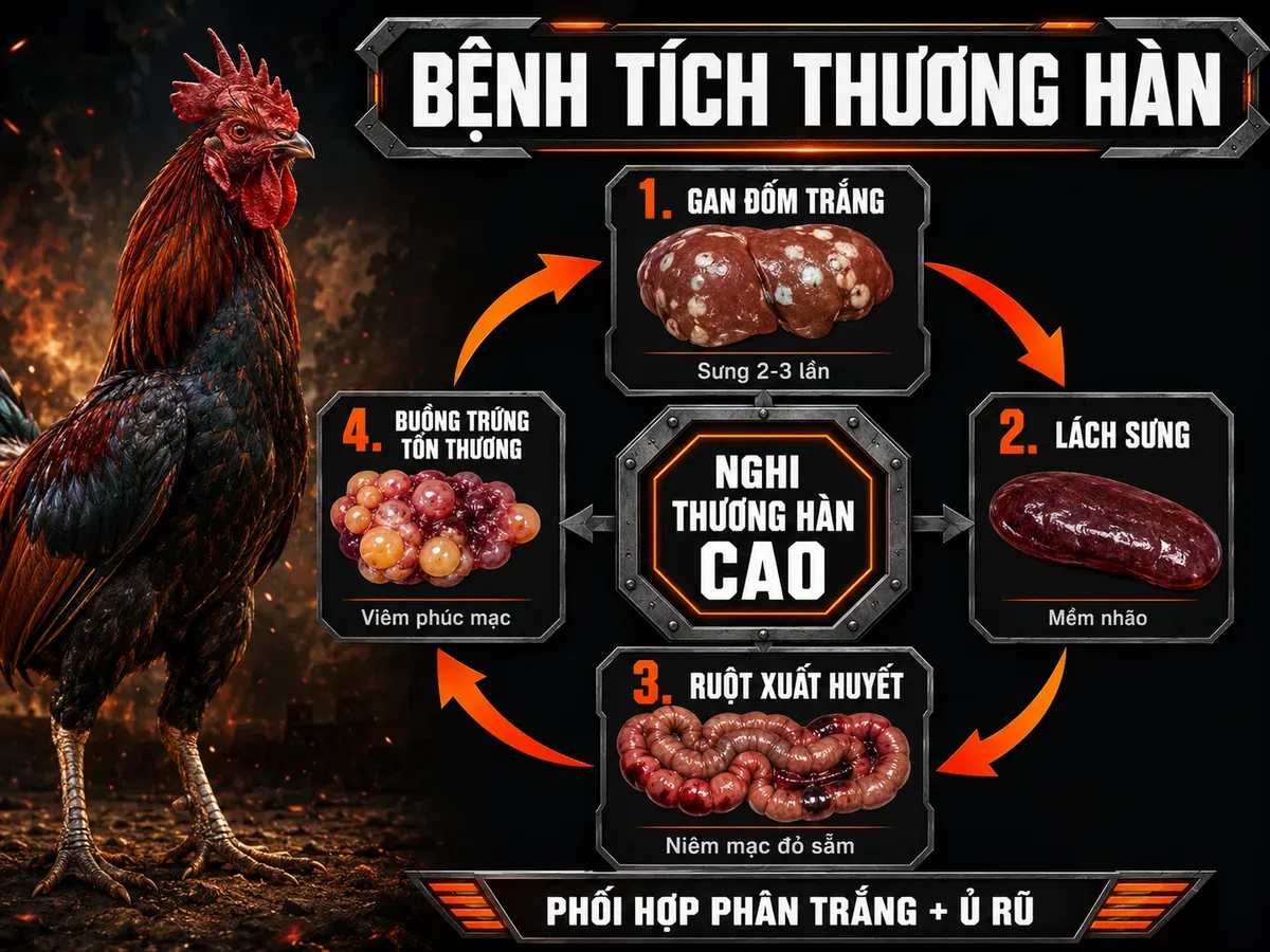 Infographic bệnh tích mổ khám thương hàn gà với gan đốm trắng lách sưng ruột xuất huyết và buồng trứng tổn thương