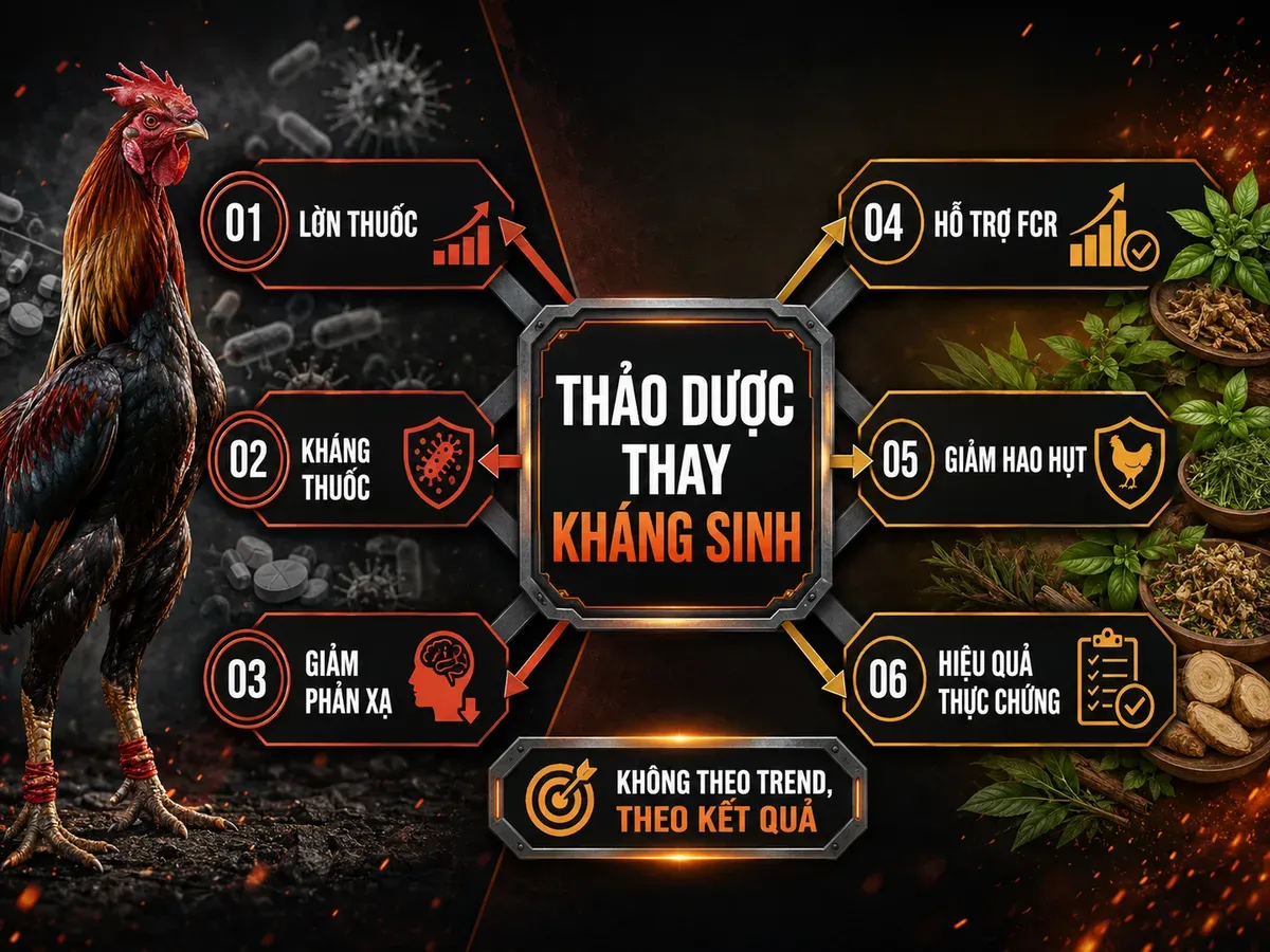Sơ đồ lý do dùng thảo dược thay kháng sinh trong chăn nuôi gà đá với các lợi ích và rủi ro chính