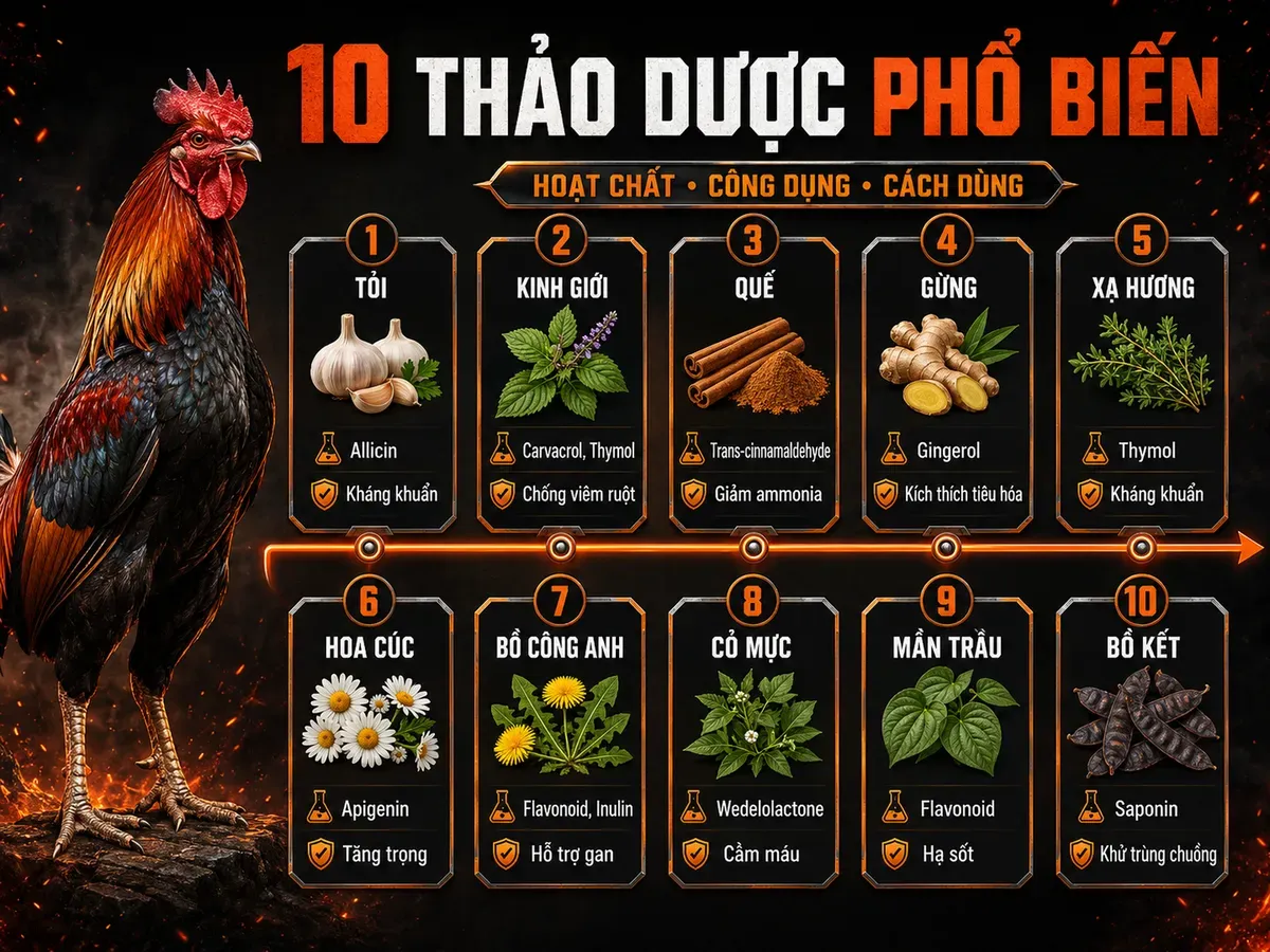 Infographic 10 loại thảo dược phổ biến trong chăn nuôi gà, hoạt chất và công dụng chính
