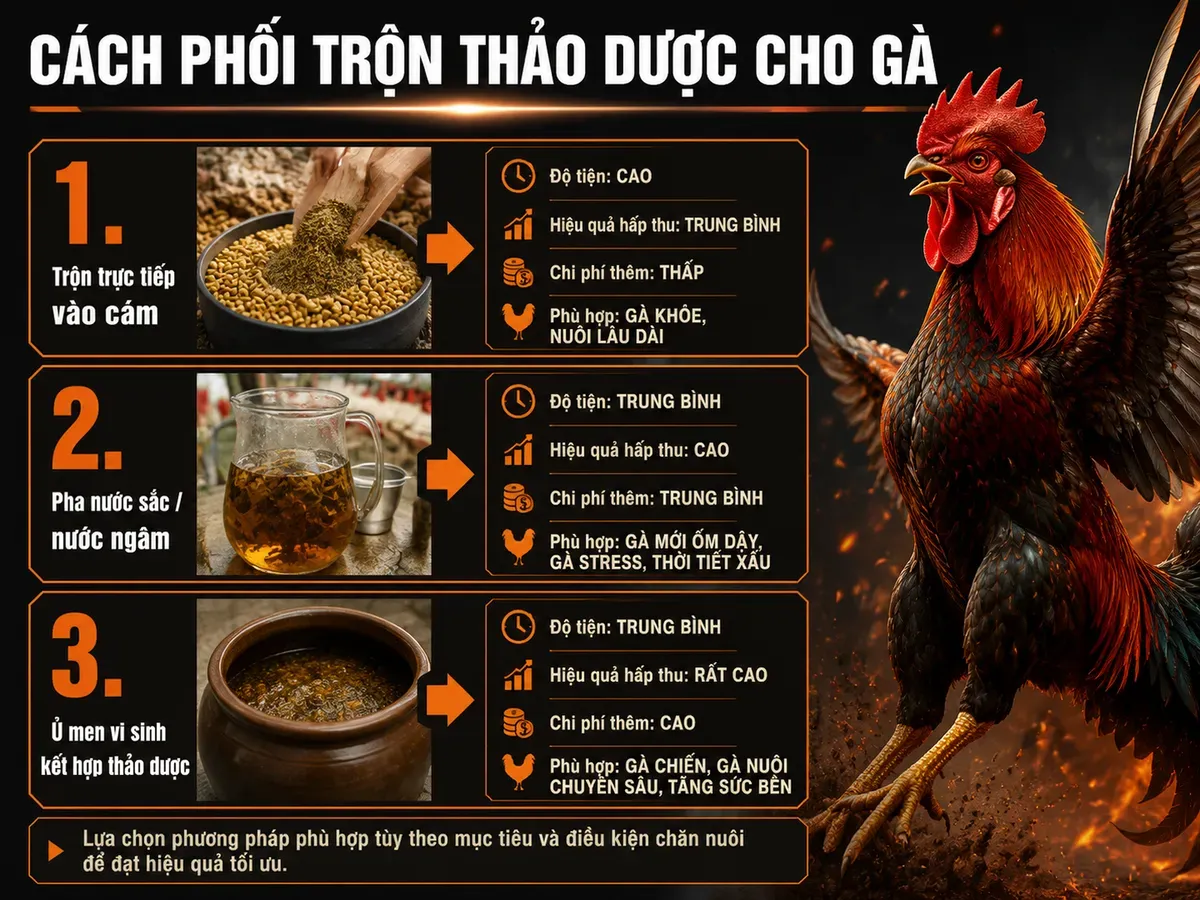 Minh hoạ 3 phương pháp trộn thảo dược cho gà: cám, nước sắc, ủ men vi sinh, kèm bảng so sánh tiện, hiệu quả, chi phí, phù hợp