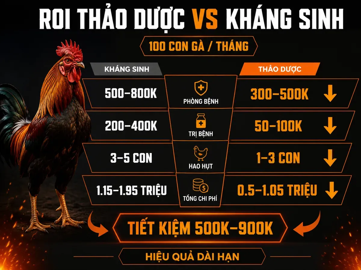 Infographic so sánh chi phí ROI thảo dược và kháng sinh trong chăn nuôi gà 100 con mỗi tháng, chi phí và hao hụt giảm.