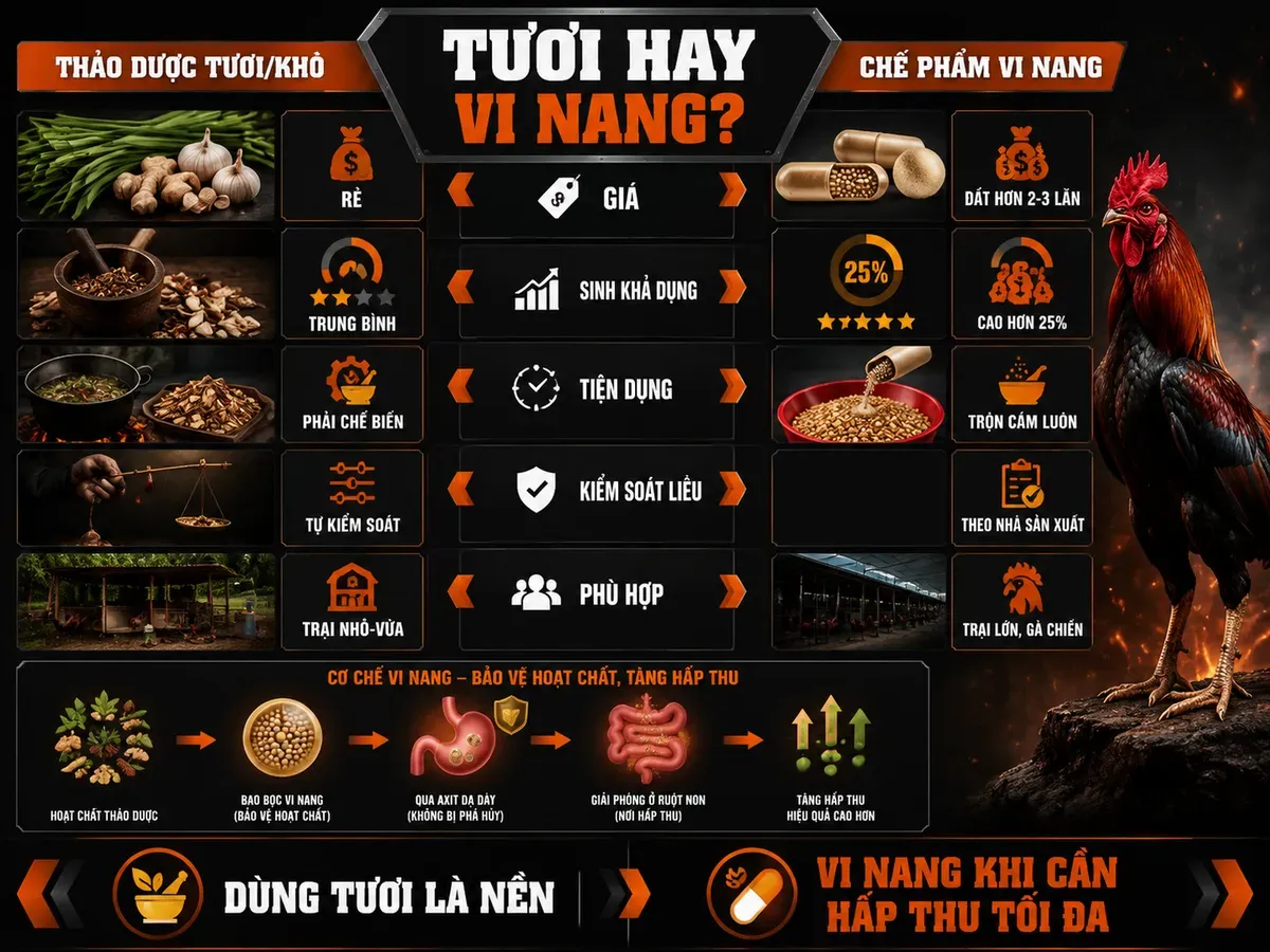 So sánh thảo dược tươi khô và chế phẩm vi nang trong chăn nuôi gà chiến theo chi phí, hấp thu và hiệu quả sử dụng