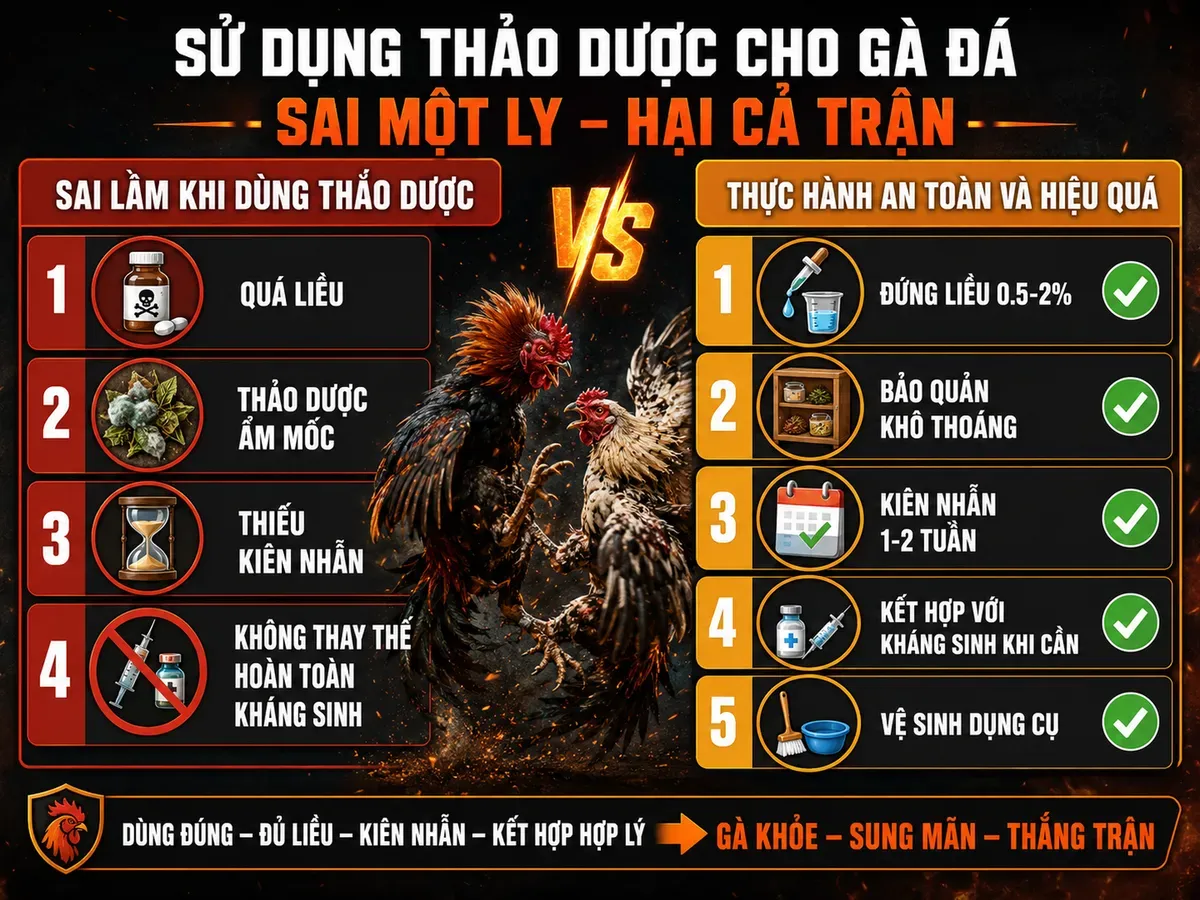 <vi>Infographic hướng dẫn sử dụng thảo dược an toàn cho gà, liều lượng, bảo quản, và lưu ý khi dùng</vi>