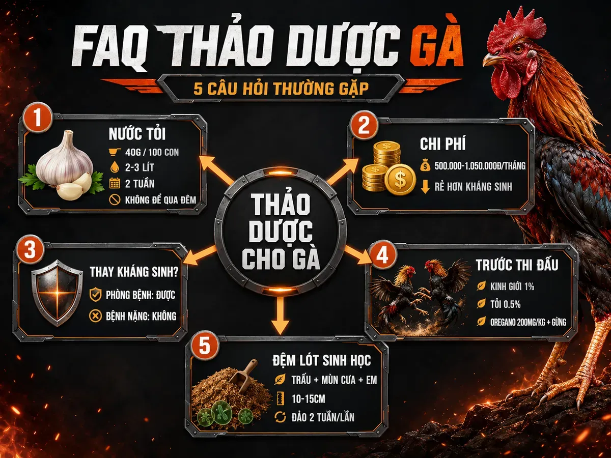 Infographic câu hỏi thường gặp về thảo dược cho gà chiến: nước tỏi, chi phí, kháng sinh, thi đấu và đệm lót sinh học