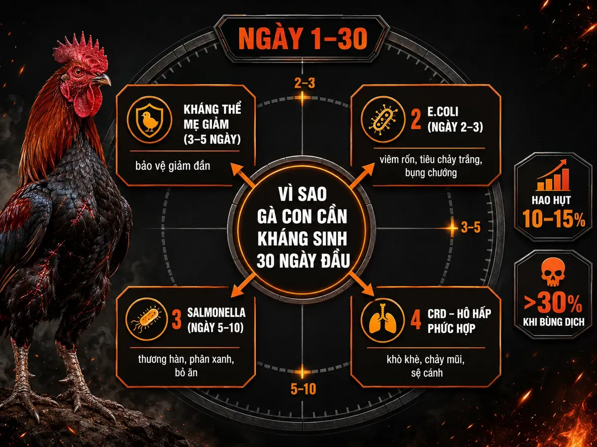 Infographic nguyên nhân cần kháng sinh cho gà con 30 ngày đầu: E.coli, Salmonella, CRD, suy giảm kháng thể mẹ và tỷ lệ hao hụt