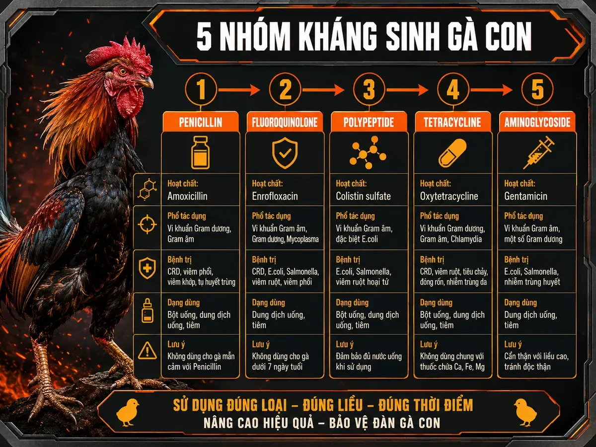So sánh 5 nhóm kháng sinh cho gà con, liều dùng, phổ tác dụng và dạng dùng, timeline 30 ngày, gà chiến oai vệ bên cạnh