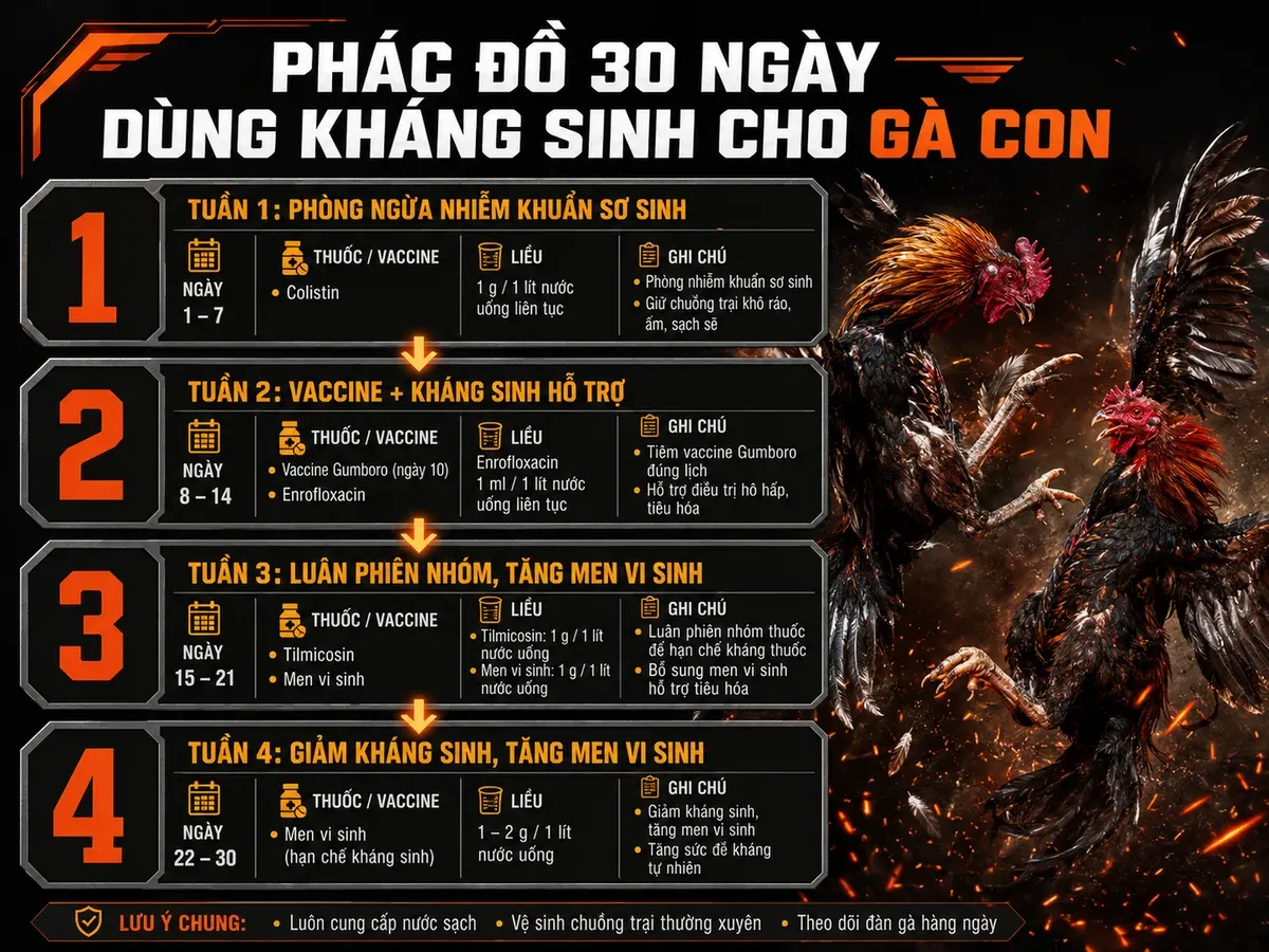 Phác đồ 30 ngày cho gà con: tuần 1-4, liều thuốc, vaccine, men vi sinh, infographic rõ ràng, style gà chiến mạnh mẽ