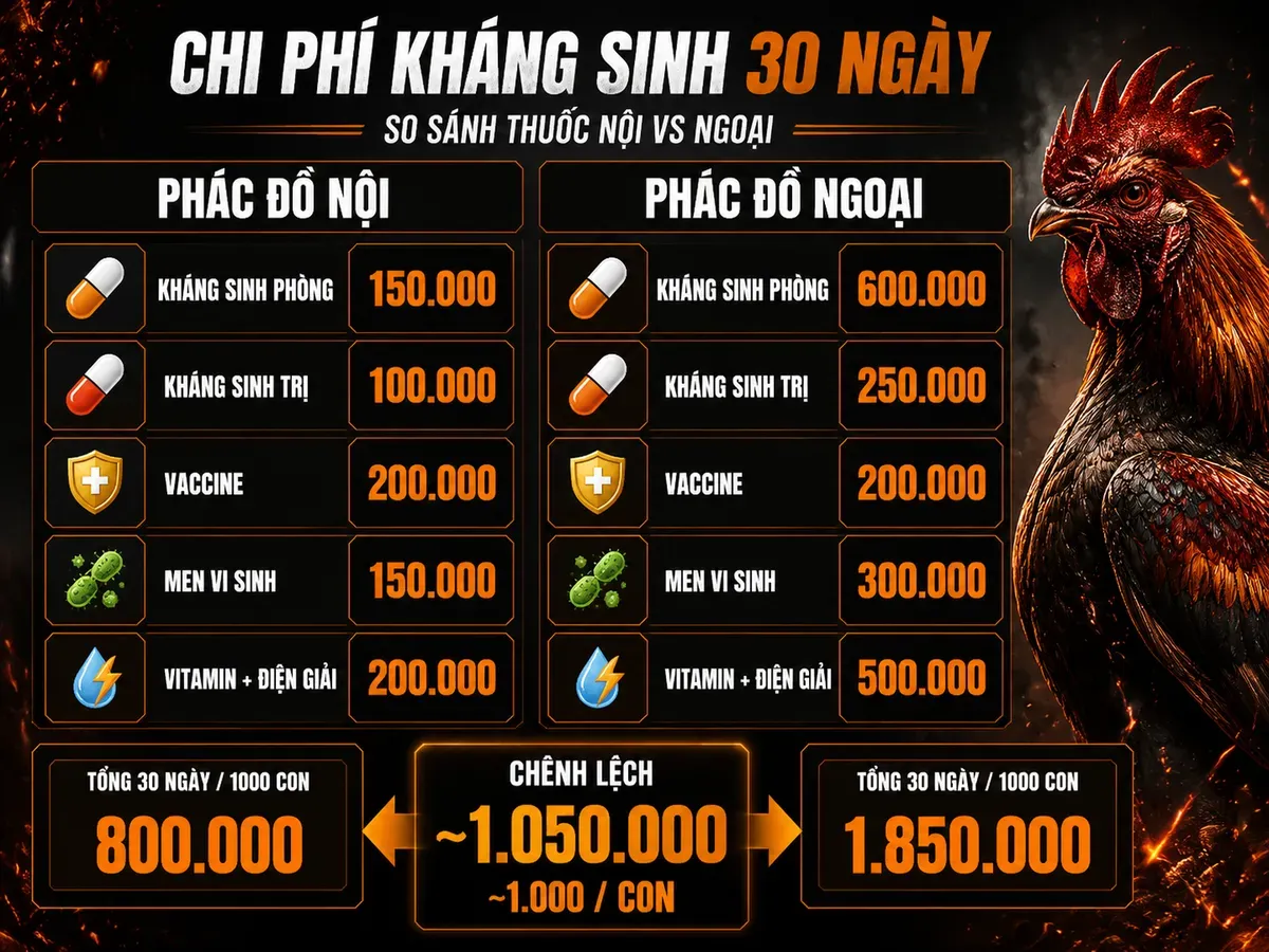 Infographic chi phí kháng sinh 30 ngày cho 1000 gà con nội vs ngoại, bảng so sánh từng hạng mục và tổng tiền