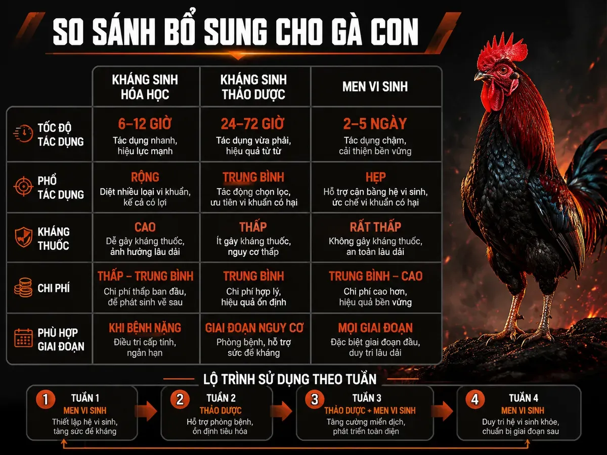 Infographic so sánh kháng sinh hóa học, kháng sinh thảo dược và men vi sinh cho gà con, layout split comparison, phong cách chiến gà mạnh mẽ, dark