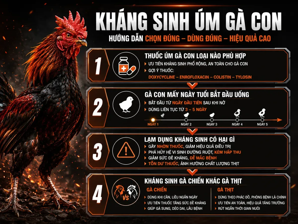 Infographic so sánh các loại thuốc kháng sinh cho gà con và gà chiến, liều lượng và lưu ý an toàn