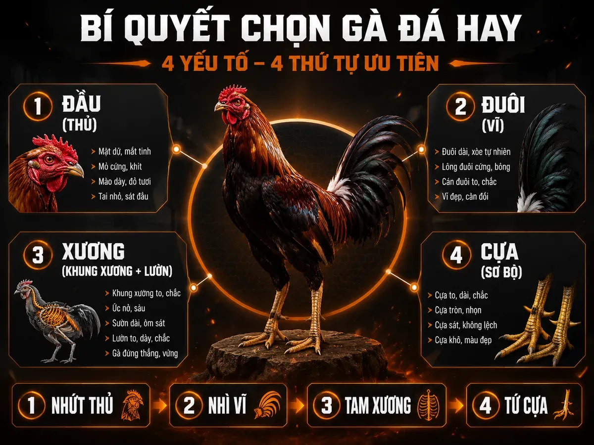 Diagram radial hub-and-spoke về 4 tiêu chí chọn gà cựa sắt từ Gò Công