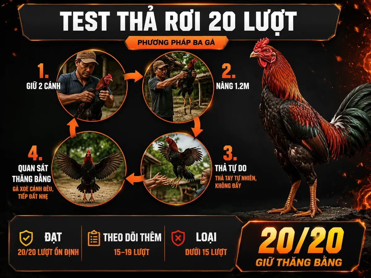 Infographic bài test thả rơi 20 lượt đánh giá thăng bằng và lực cánh gà đá cựa sắt