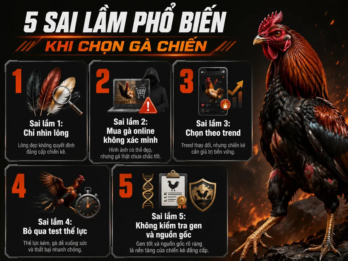 Infographic 5 sai lầm phổ biến khi chọn gà đá cựa sắt, hướng dẫn phòng tránh, style dark combat