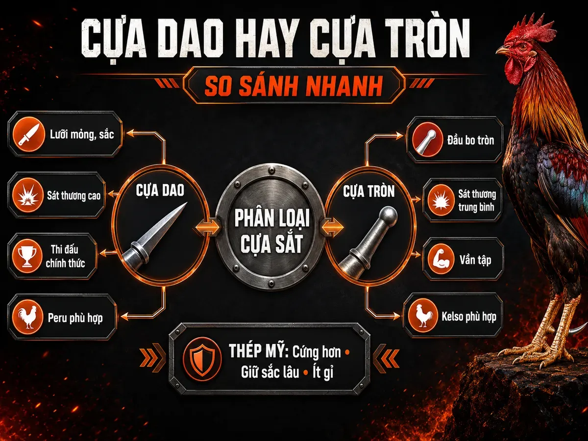Infographic so sánh cựa dao và cựa tròn cho gà chiến, phân biệt công dụng, sát thương và dòng gà phù hợp