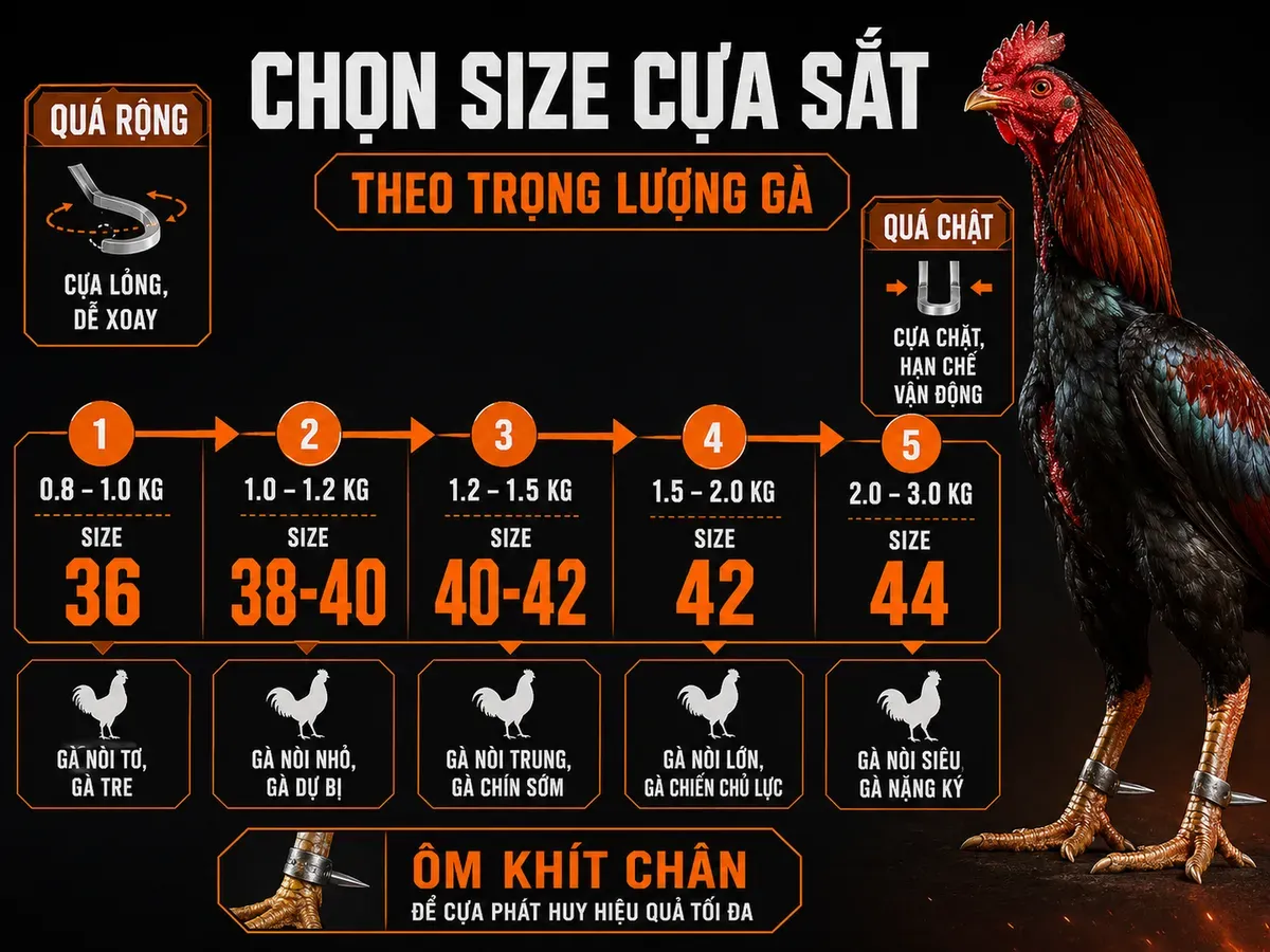 Infographic bảng size cựa sắt theo trọng lượng gà chiến từ 0.8kg đến 3.0kg, hướng dẫn chọn size 36 38 40 42 44 đúng chuẩn.
