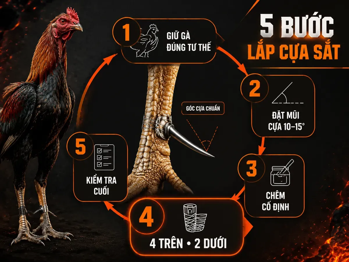 Infographic 5 bước lắp cựa sắt chuẩn Mỹ cho gà chiến với quy tắc 4 trên 2 dưới và kiểm tra góc cựa