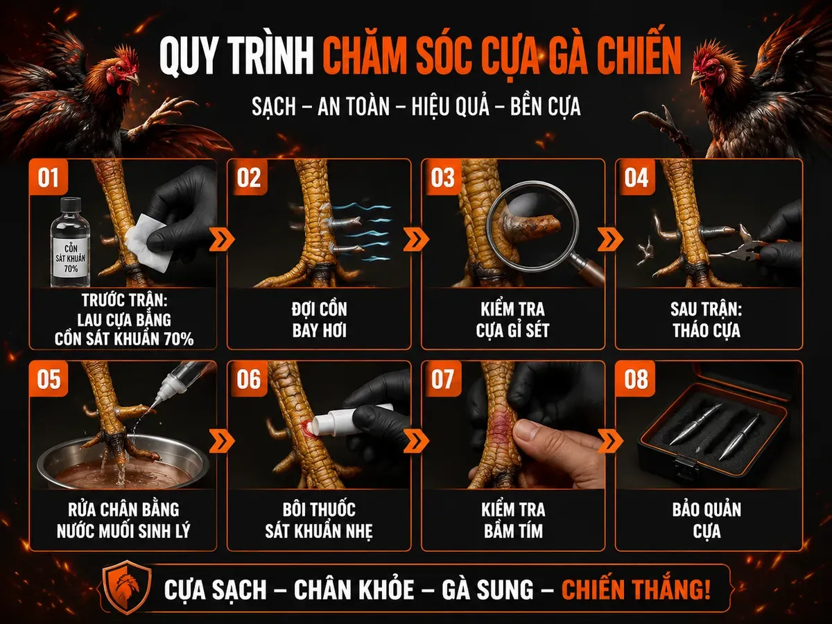 Hướng dẫn vệ sinh cựa sắt gà chiến trước và sau trận, từng bước trực quan