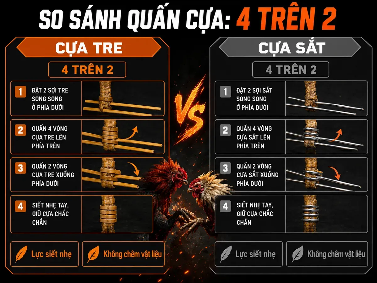 Hướng dẫn quấn cựa gà tre vs cựa sắt, minh họa chi tiết kỹ thuật cho gà chiến tại Trại Gò Công