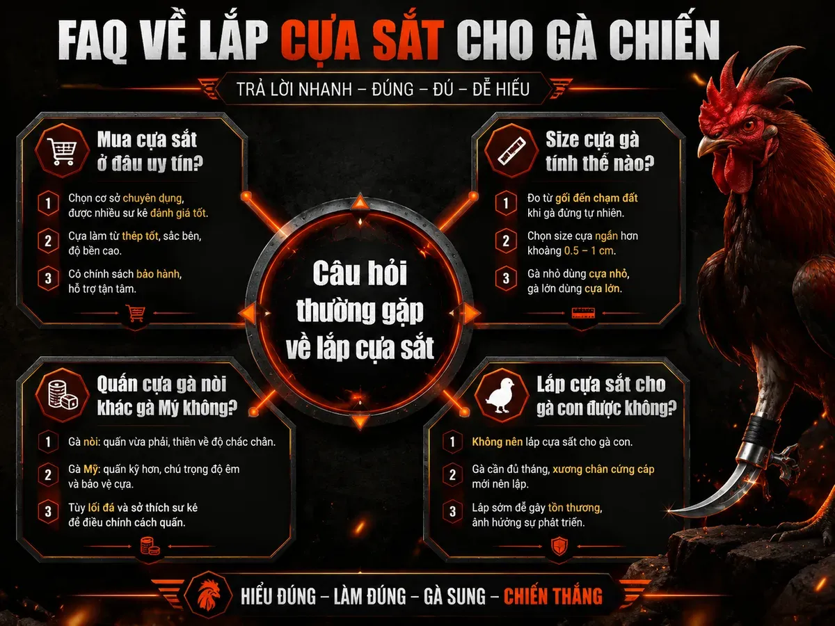 Hướng dẫn FAQ lắp cựa sắt cho gà chiến Gò Công, bảng size và lưu ý an toàn
