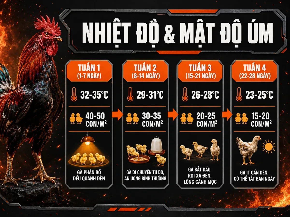 <vi>Infographic hướng dẫn nhiệt độ và mật độ úm gà con từng tuần tuổi, biểu đồ timeline dễ đọc cho người nuôi gà.</vi>