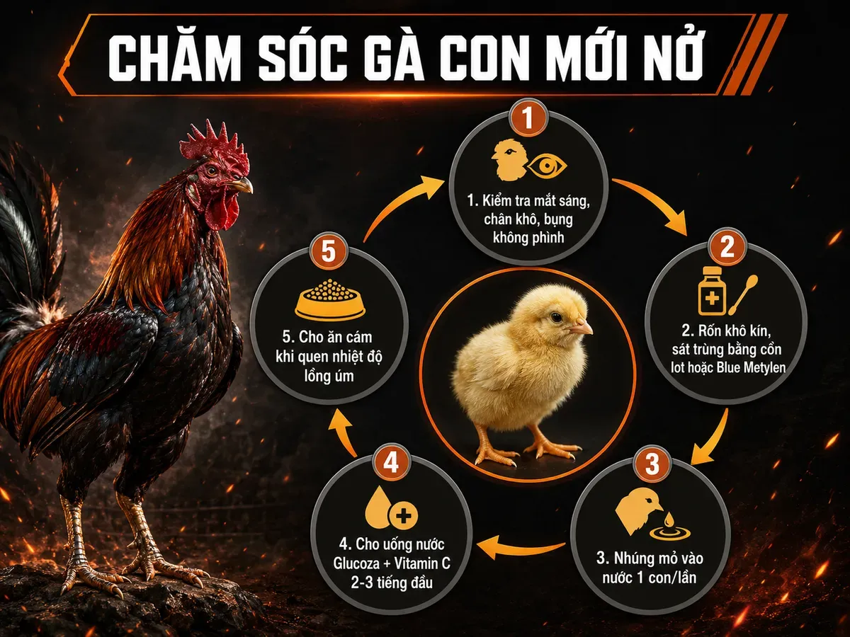 <vi SEO>Vòng tuần tự chăm sóc gà con mới nở, từ kiểm tra sức khỏe đến nhúng mỏ vào nước trước khi cho ăn cám, giảm tỷ lệ chết.
