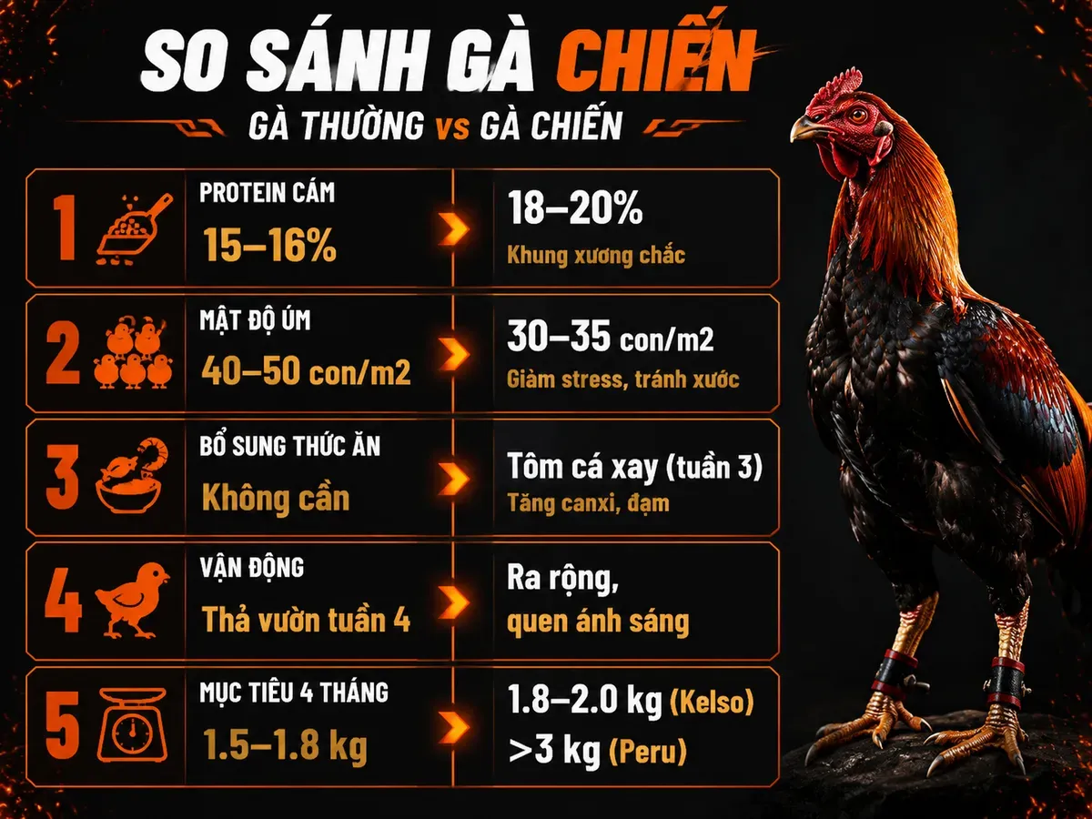Infographic so sánh nuôi gà chiến con và gà thường về protein, mật độ, thức ăn, vận động, trọng lượng