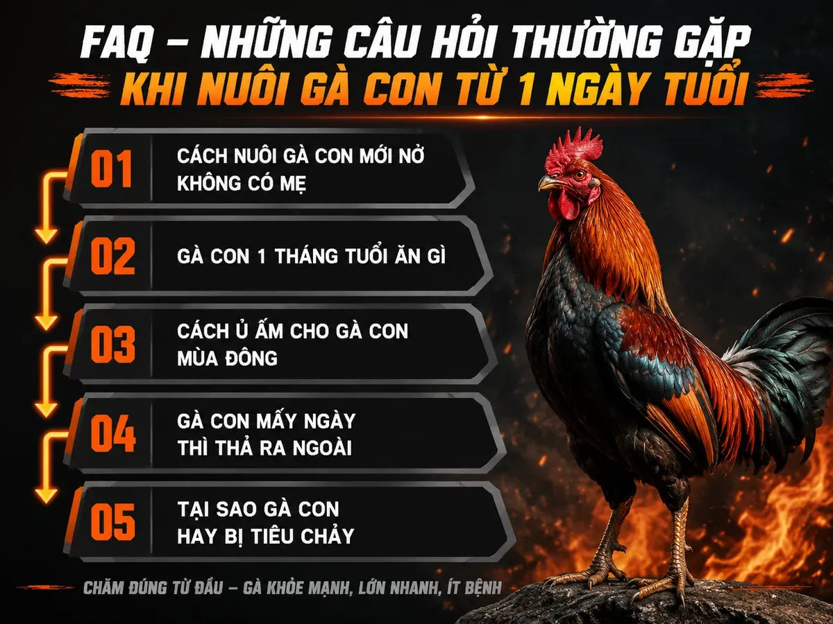 Infographic hướng dẫn cách nuôi gà con từ 1 ngày tuổi, câu hỏi thường gặp, chế độ ăn, ủ ấm, thả ra ngoài, phòng tiêu chảy, gà chiến oai vệ