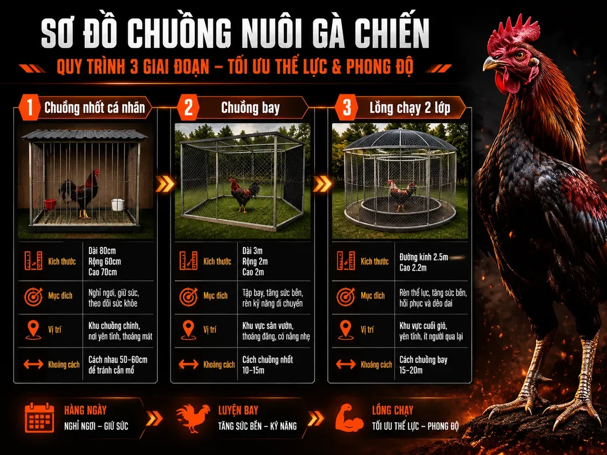 Sơ đồ thiết kế chuồng gà chiến, kích thước và vị trí hợp lý, hướng dẫn nuôi gà đá