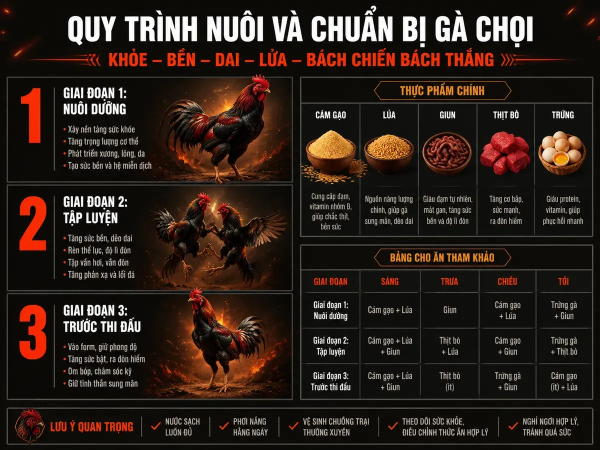 Infographic hướng dẫn chế độ dinh dưỡng gà chiến Nghĩa Gò Công theo 3 giai đoạn từ nuôi dưỡng đến trước thi đấu