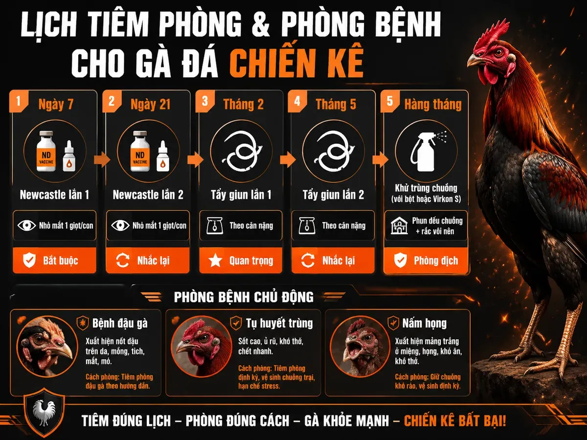 Infographic lịch tiêm vắc xin và phòng bệnh cho gà chiến, từng bước và bệnh thường gặp