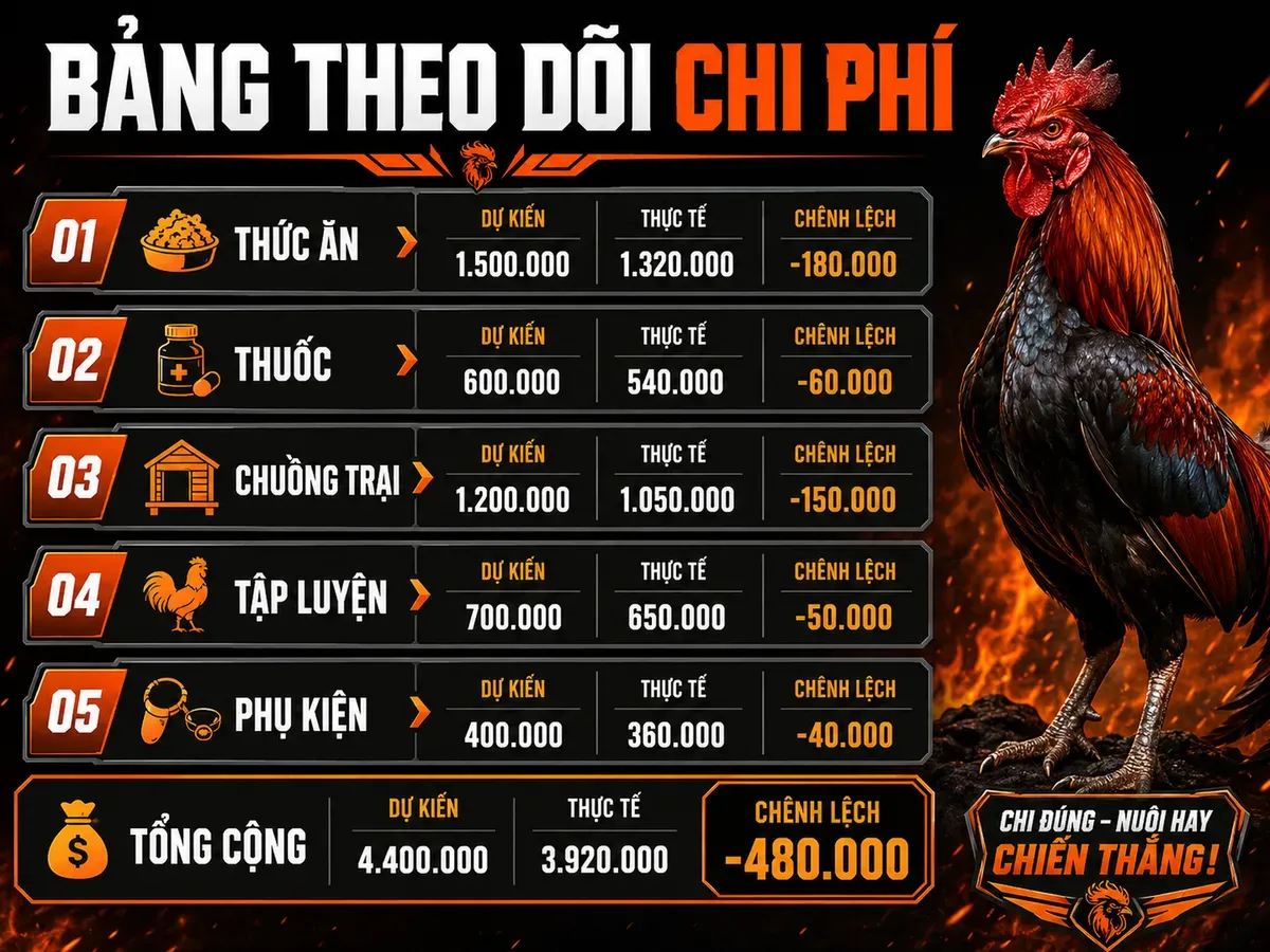Infographic chi phí nuôi gà chiến, từng khoản chi, so sánh dự kiến và thực tế, gà chiến oai vệ bên cạnh