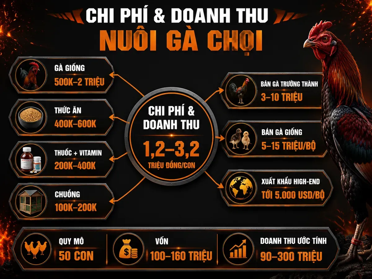 Infographic chi phí và doanh thu nuôi gà chiến từ gà giống đến xuất bán, tổng vốn và nguồn thu