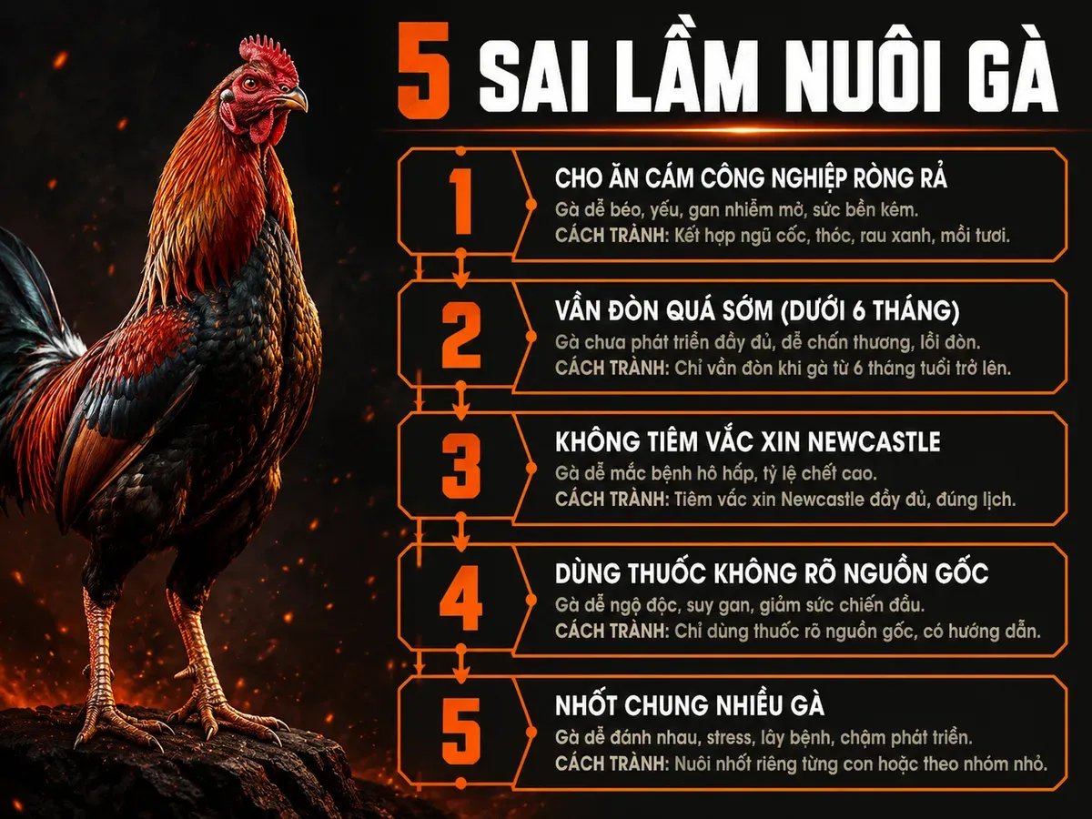 Hình infographic tóm tắt 5 sai lầm phổ biến khi nuôi gà chiến và cách tránh, sắp xếp theo thứ tự dễ đọc