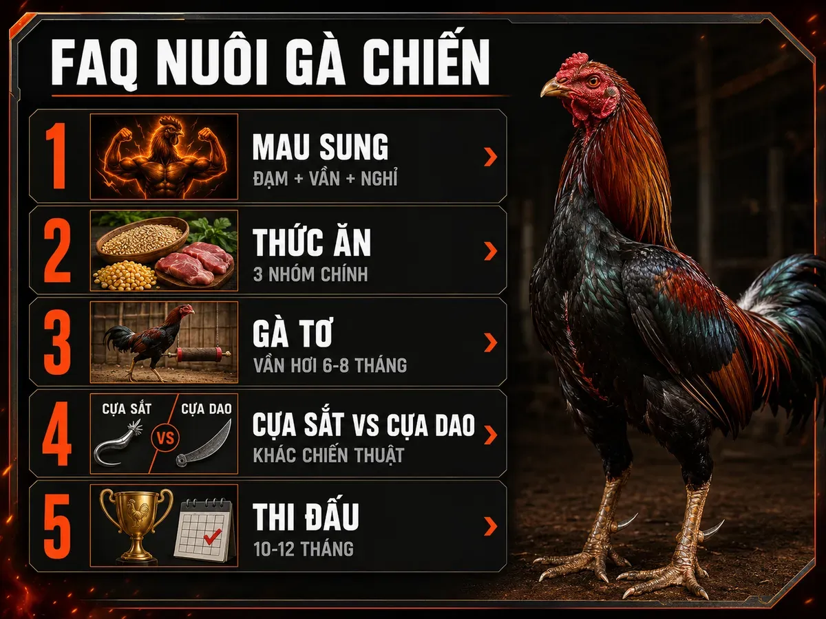Infographic câu hỏi thường gặp về cách nuôi gà chiến: dinh dưỡng, tập luyện, vần gà tơ, cựa sắt và độ tuổi thi đấu