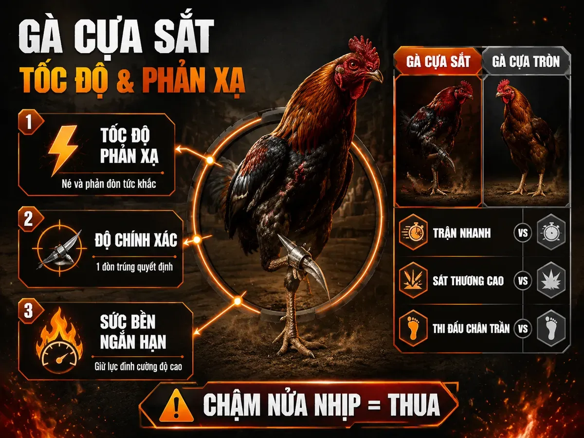 Infographic gà đá cựa sắt với 3 yếu tố quyết định phản xạ tốc độ chính xác sức bền