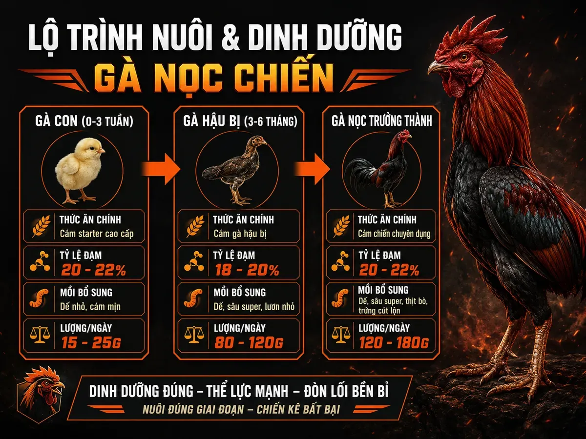 Bảng timeline chế độ dinh dưỡng nền cho gà cựa sắt theo giai đoạn 0-3 tuần, 3-6 tháng và trưởng thành