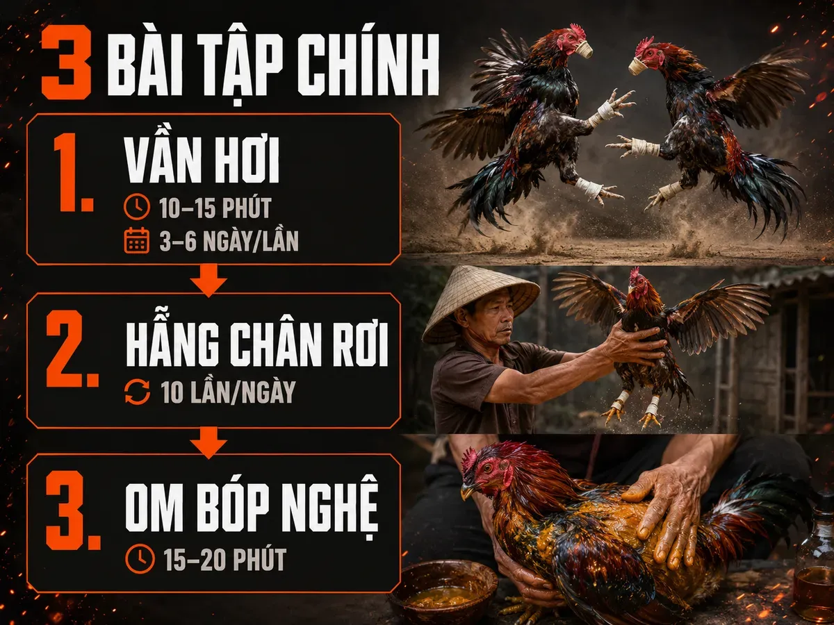 Infographic kỹ thuật tập luyện gà đá cựa sắt gồm vần hơi hẫng chân om bóp nghệ phong cách combat tối mạnh mẽ