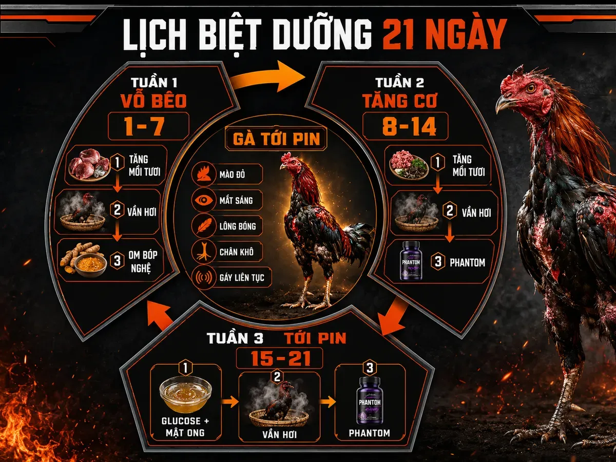 Infographic lịch biệt dưỡng 21 ngày tới pin cho gà đá cựa sắt với 3 giai đoạn vỗ béo tăng cơ lên pin