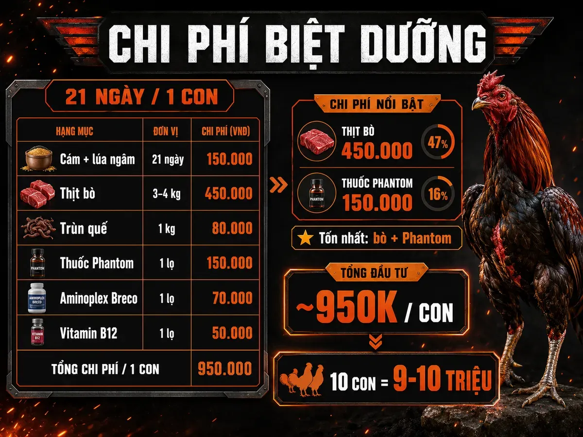 Infographic chi phí nuôi gà đá cựa sắt 21 ngày biệt dưỡng với bảng giá thức ăn, thuốc và tổng chi phí thực tế